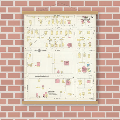 Old map wall art mockup — magnetic wood frame on brick wall — Sanborn Fire Insurance Map from Sullivan, Sullivan County, Indiana (1913), Sheet #0005