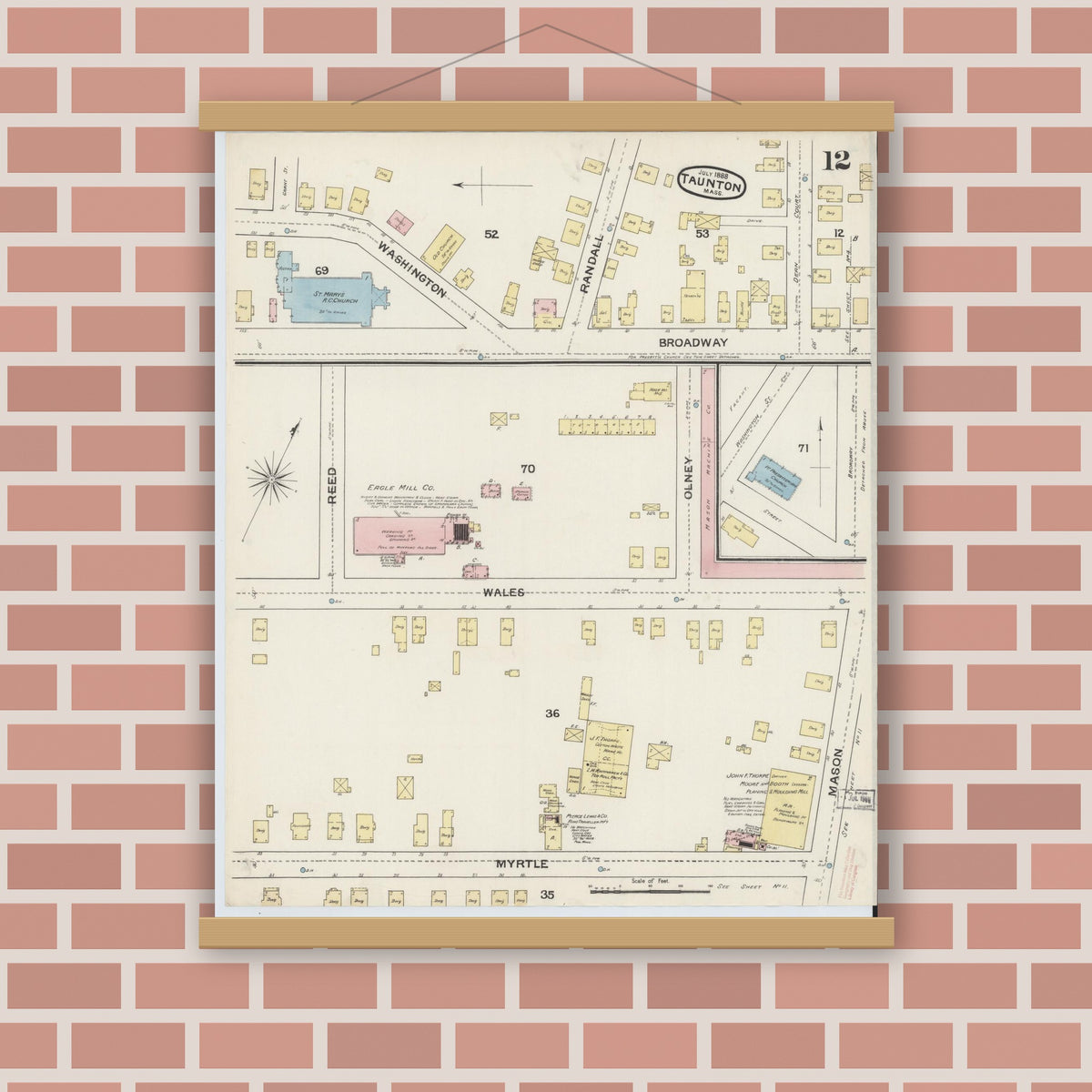 Old map wall art mockup — magnetic wood frame on brick wall — Sanborn Fire Insurance Map from Taunton, Bristol County, Massachusetts (1888), Sheet #0012