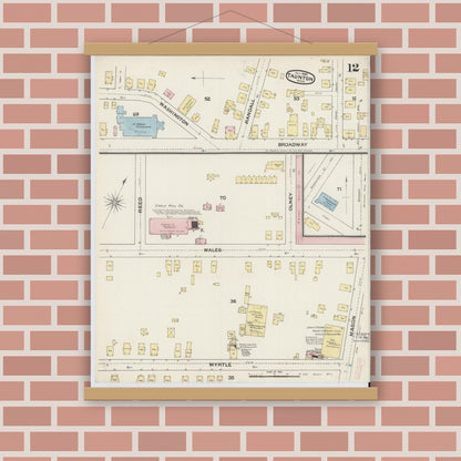 Old map wall art mockup — magnetic wood frame on brick wall — Sanborn Fire Insurance Map from Taunton, Bristol County, Massachusetts (1888), Sheet #0012