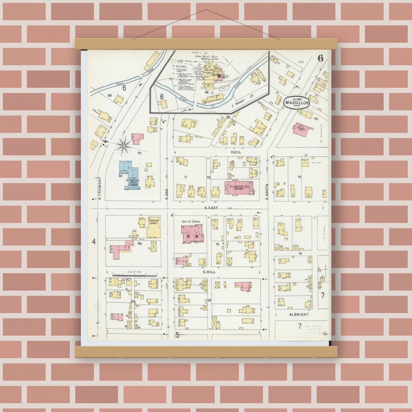 Old map wall art mockup — magnetic wood frame on brick wall — Sanborn Fire Insurance Map from Massillon, Stark County, Ohio (1896), Sheet #0006