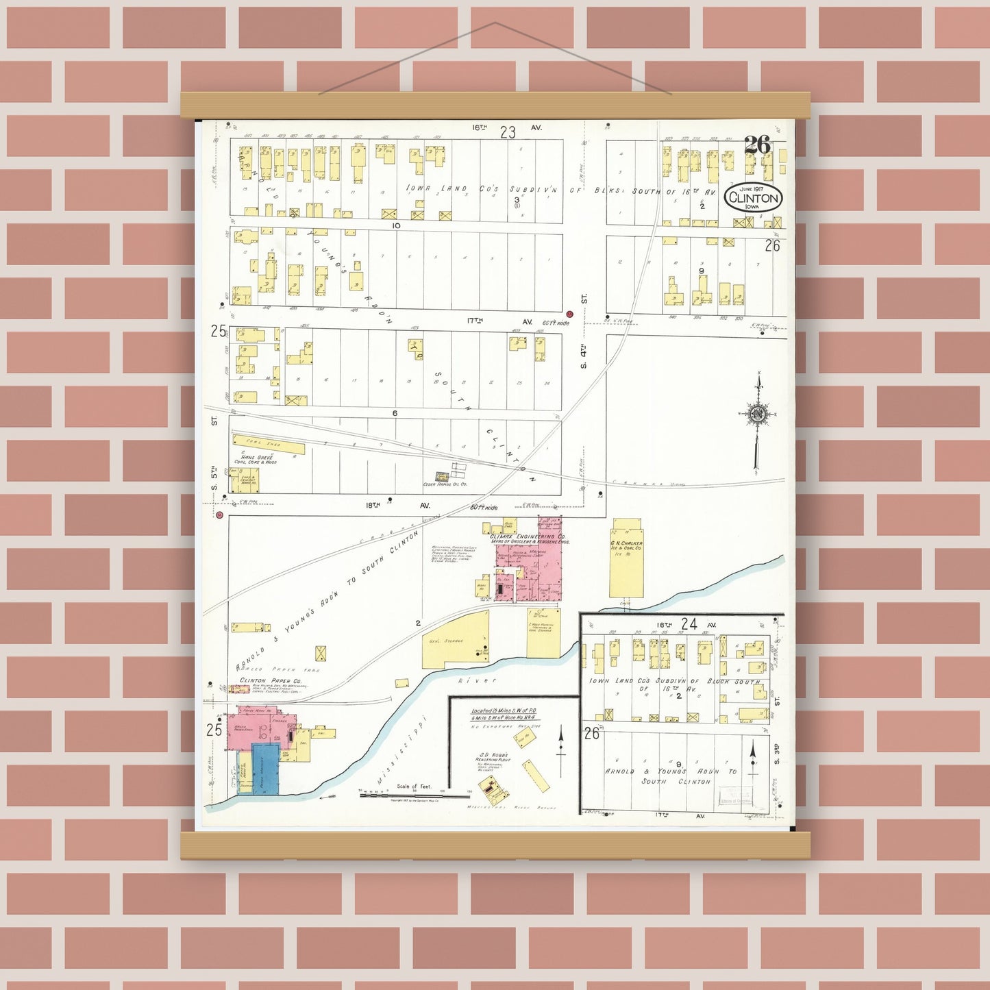 Old map wall art mockup — magnetic wood frame on brick wall — Sanborn Fire Insurance Map from Clinton, Clinton County, Iowa (1917), Sheet #0026