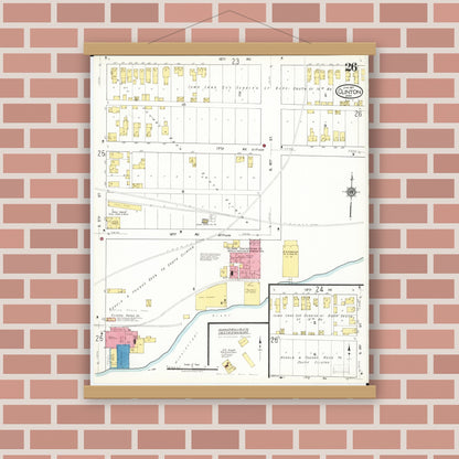 Old map wall art mockup — magnetic wood frame on brick wall — Sanborn Fire Insurance Map from Clinton, Clinton County, Iowa (1917), Sheet #0026