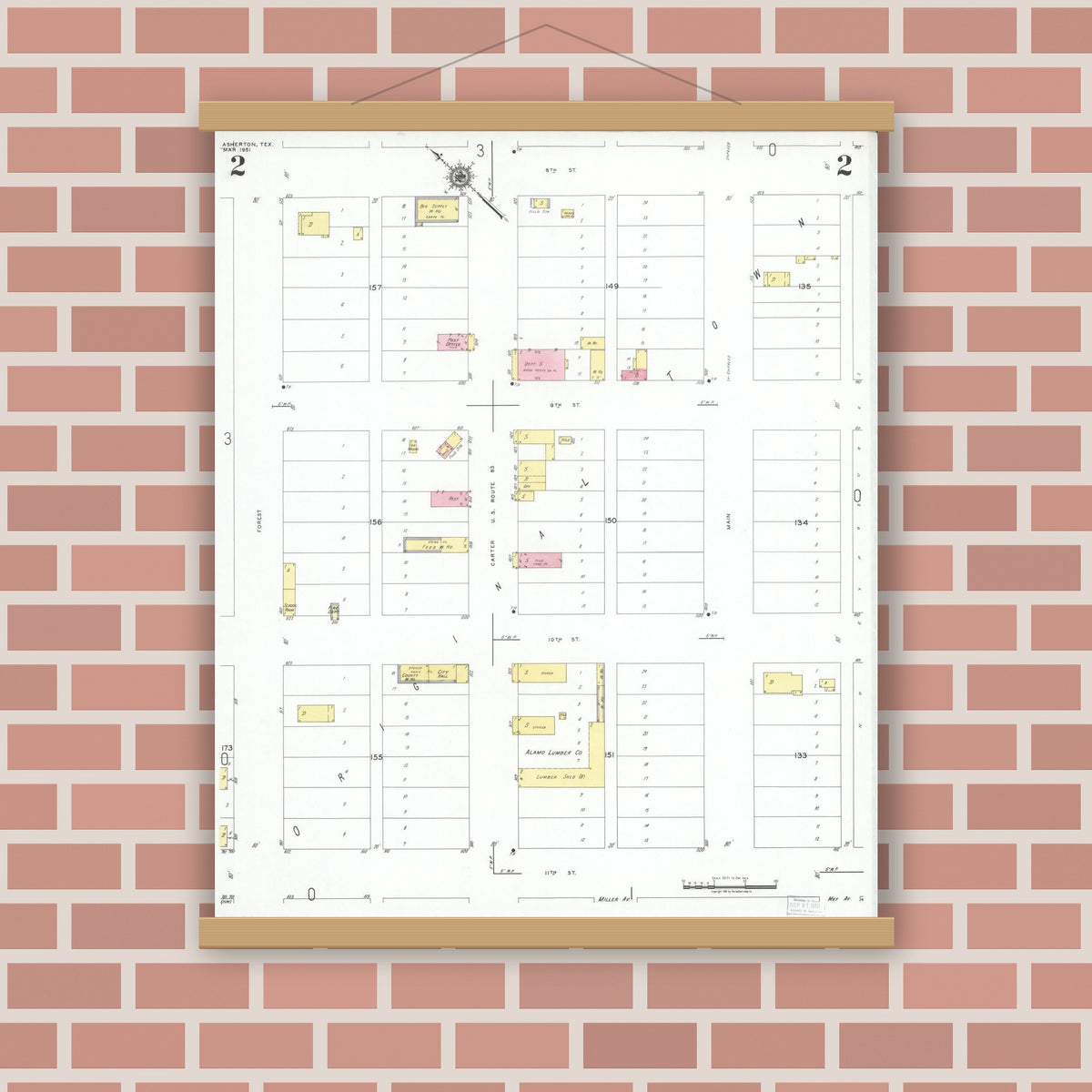 Old map wall art mockup — magnetic wood frame on brick wall — Sanborn Fire Insurance Map from Asherton, Dimmit County, Texas (1951), Sheet #0002