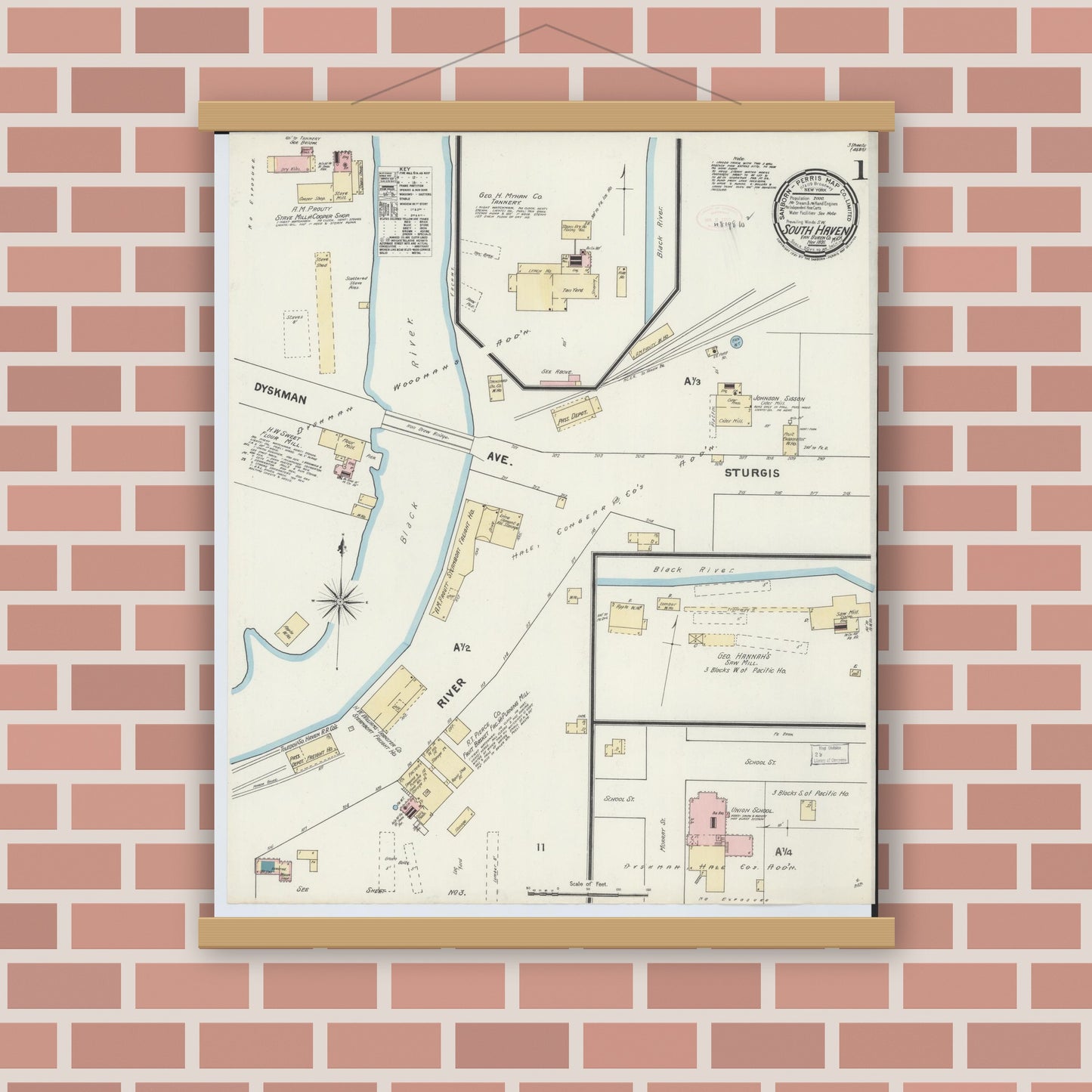 Old map wall art mockup — magnetic wood frame on brick wall — Sanborn Fire Insurance Map from South Haven, Van Buren County, Michigan (1891) - Complete Map Set