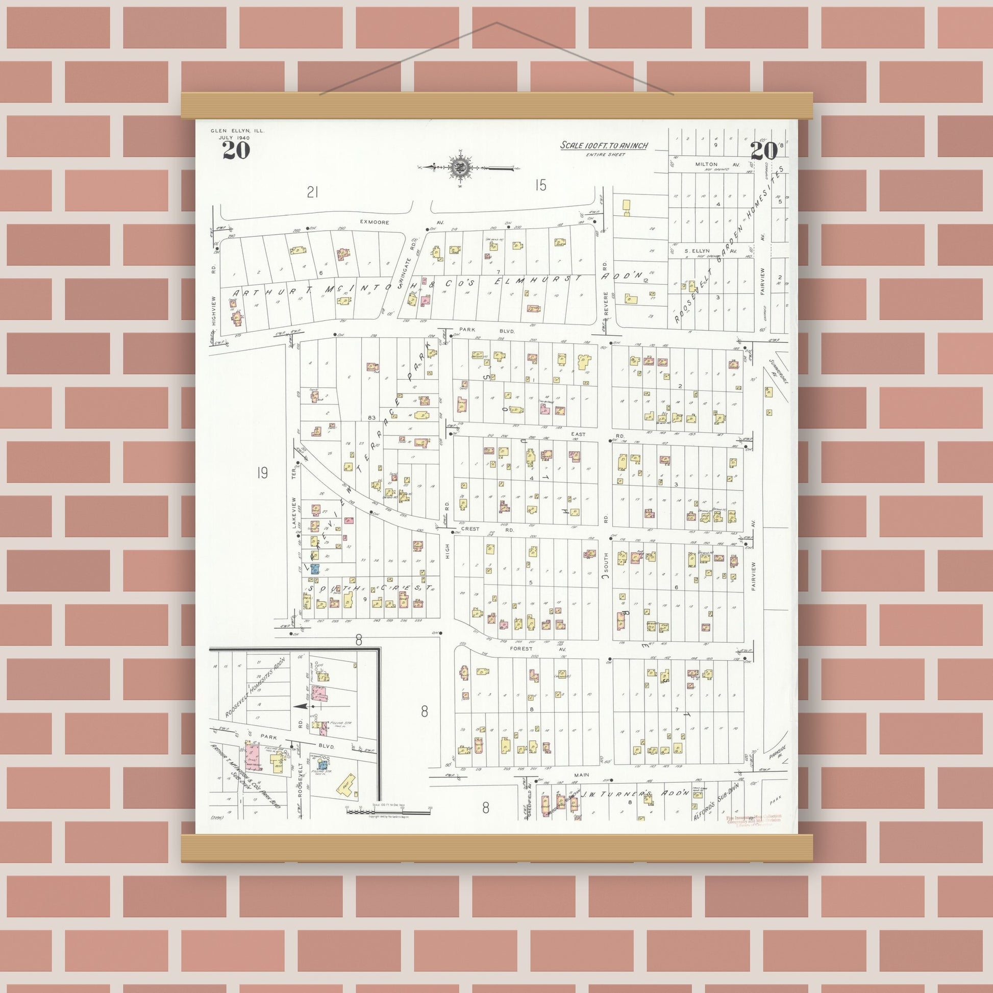 Old map wall art mockup — magnetic wood frame on brick wall — Sanborn Fire Insurance Map from Glen Ellyn, Du Page County, Illinois (1940), Sheet #0020