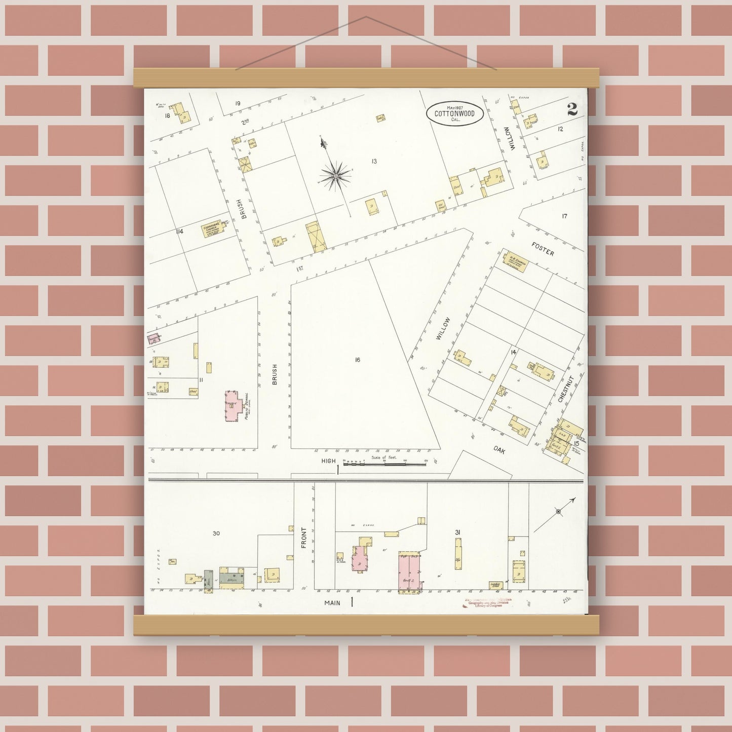 Old map wall art mockup — magnetic wood frame on brick wall — Sanborn Fire Insurance Map from Cottonwood, Shasta County, California (1907), Sheet #0002