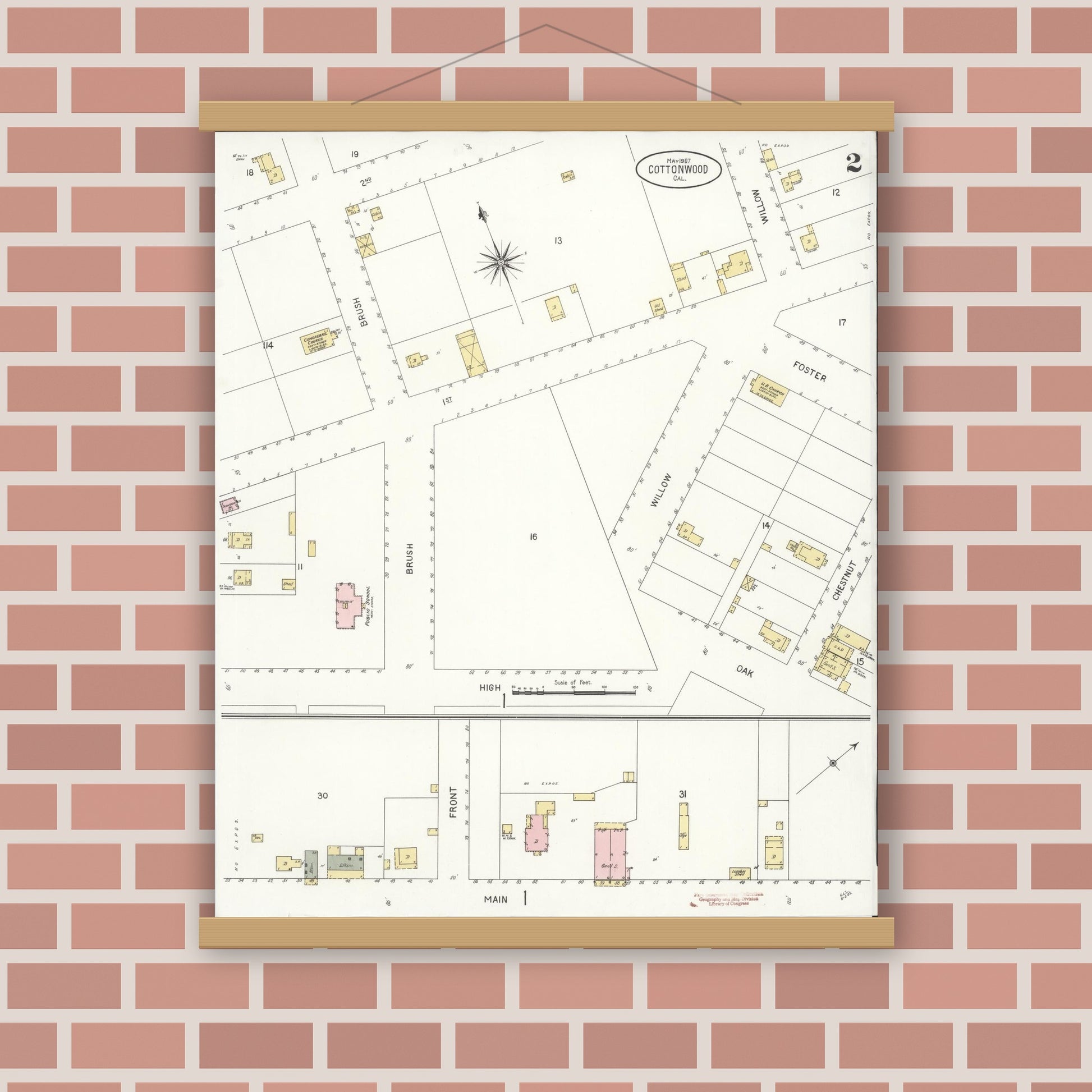 Old map wall art mockup — magnetic wood frame on brick wall — Sanborn Fire Insurance Map from Cottonwood, Shasta County, California (1907), Sheet #0002