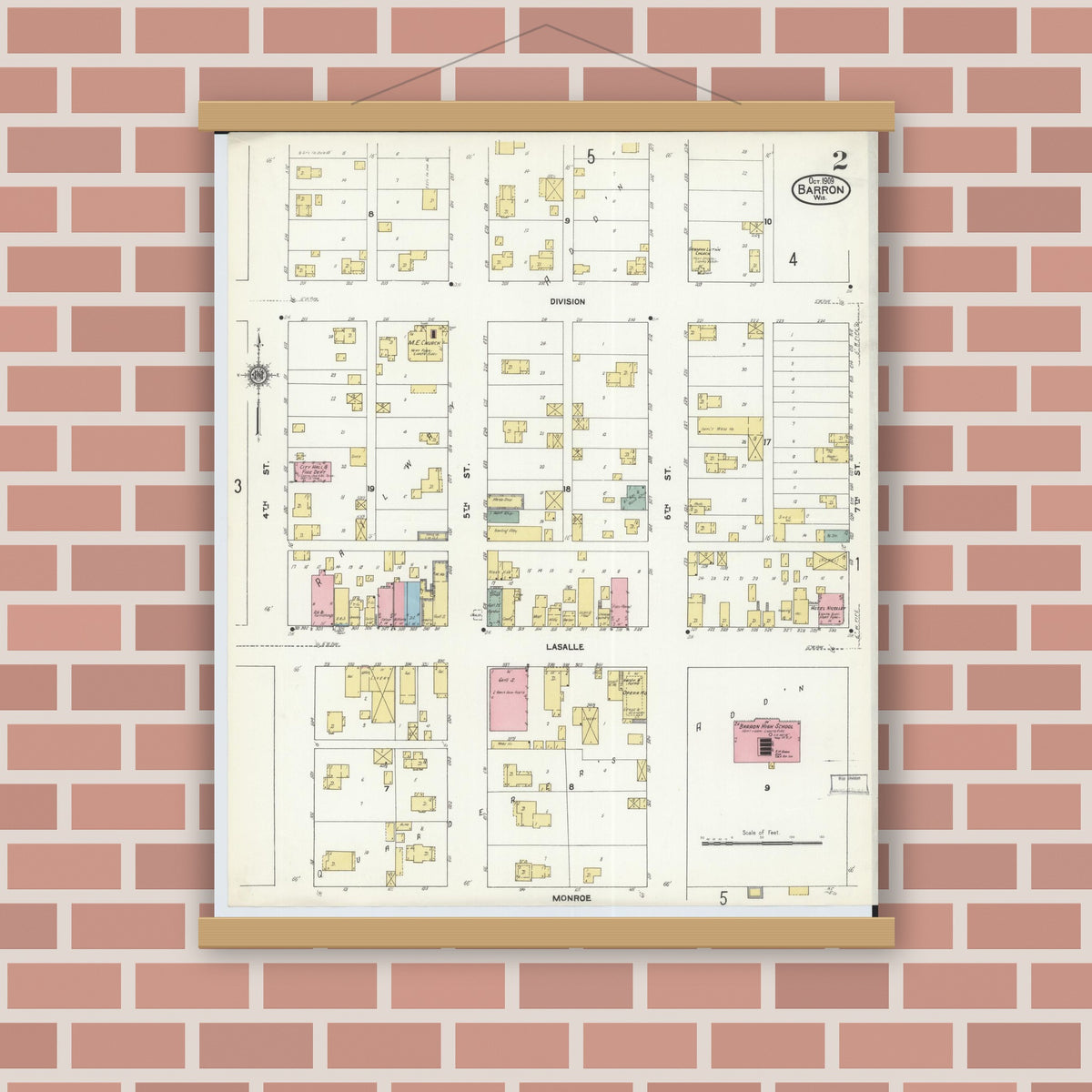 Old map wall art mockup — magnetic wood frame on brick wall — Sanborn Fire Insurance Map from Barron, Barron County, Wisconsin (1909) - Complete Map Set