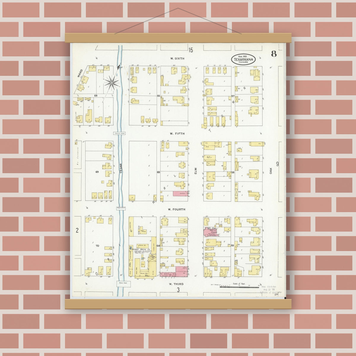 Old map wall art mockup — magnetic wood frame on brick wall — Sanborn Fire Insurance Map from Texarkana, Bowie County, Texas (1909), Sheet #0008