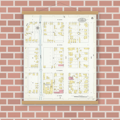 Old map wall art mockup — magnetic wood frame on brick wall — Sanborn Fire Insurance Map from Texarkana, Bowie County, Texas (1909), Sheet #0008