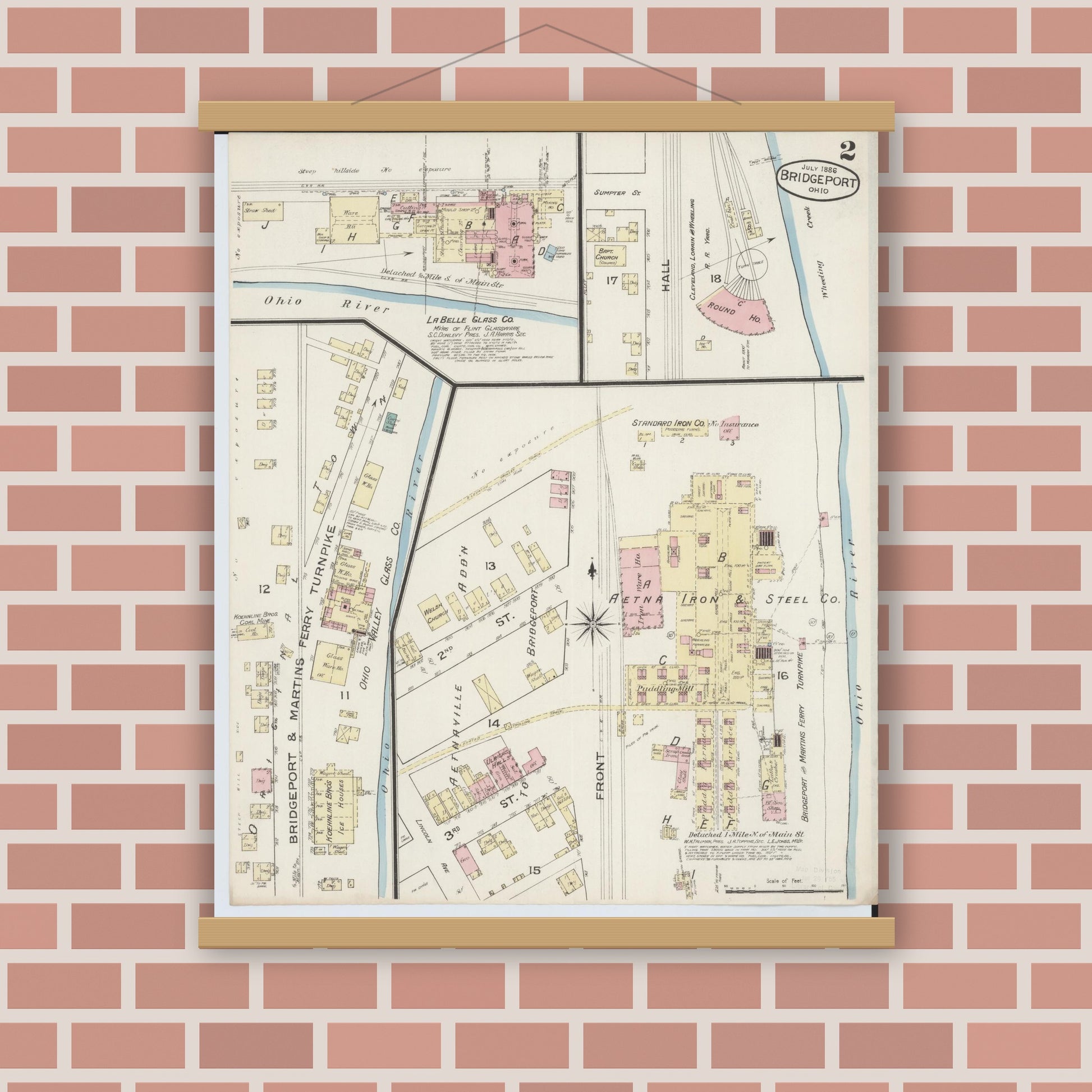 Old map wall art mockup — magnetic wood frame on brick wall — Sanborn Fire Insurance Map from Bridgeport, Belmont County, Ohio (1886), Sheet #0002