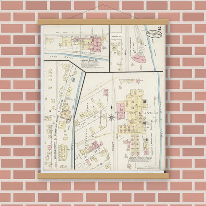Old map wall art mockup — magnetic wood frame on brick wall — Sanborn Fire Insurance Map from Bridgeport, Belmont County, Ohio (1886), Sheet #0002