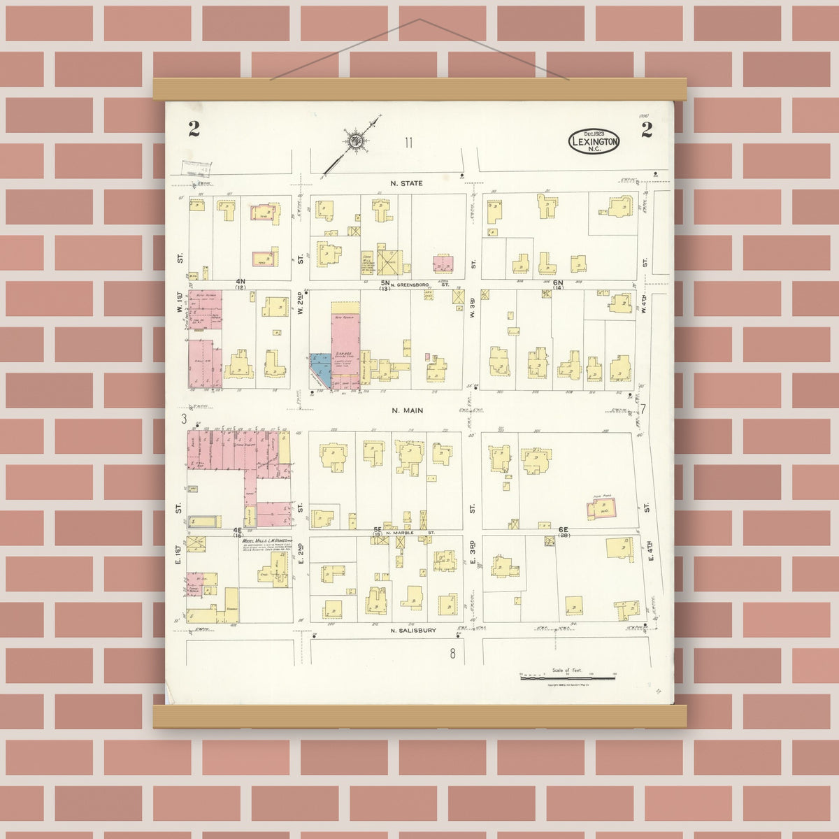Old map wall art mockup — magnetic wood frame on brick wall — Sanborn Fire Insurance Map from Lexington, Davidson County, North Carolina (1923), Sheet #0002