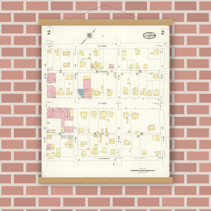 Old map wall art mockup — magnetic wood frame on brick wall — Sanborn Fire Insurance Map from Lexington, Davidson County, North Carolina (1923), Sheet #0002