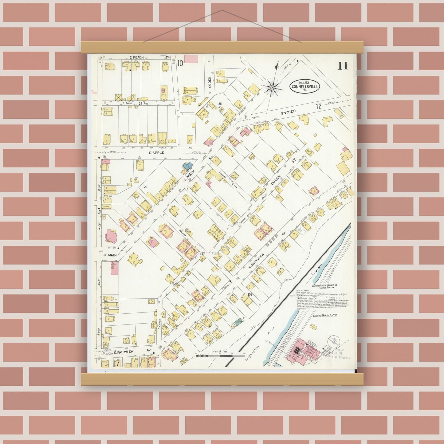 Old map wall art mockup — magnetic wood frame on brick wall — Sanborn Fire Insurance Map from Connellsville, Fayette County, Pennsylvania (1908), Sheet #0011