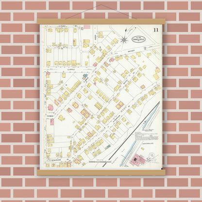 Old map wall art mockup — magnetic wood frame on brick wall — Sanborn Fire Insurance Map from Connellsville, Fayette County, Pennsylvania (1908), Sheet #0011