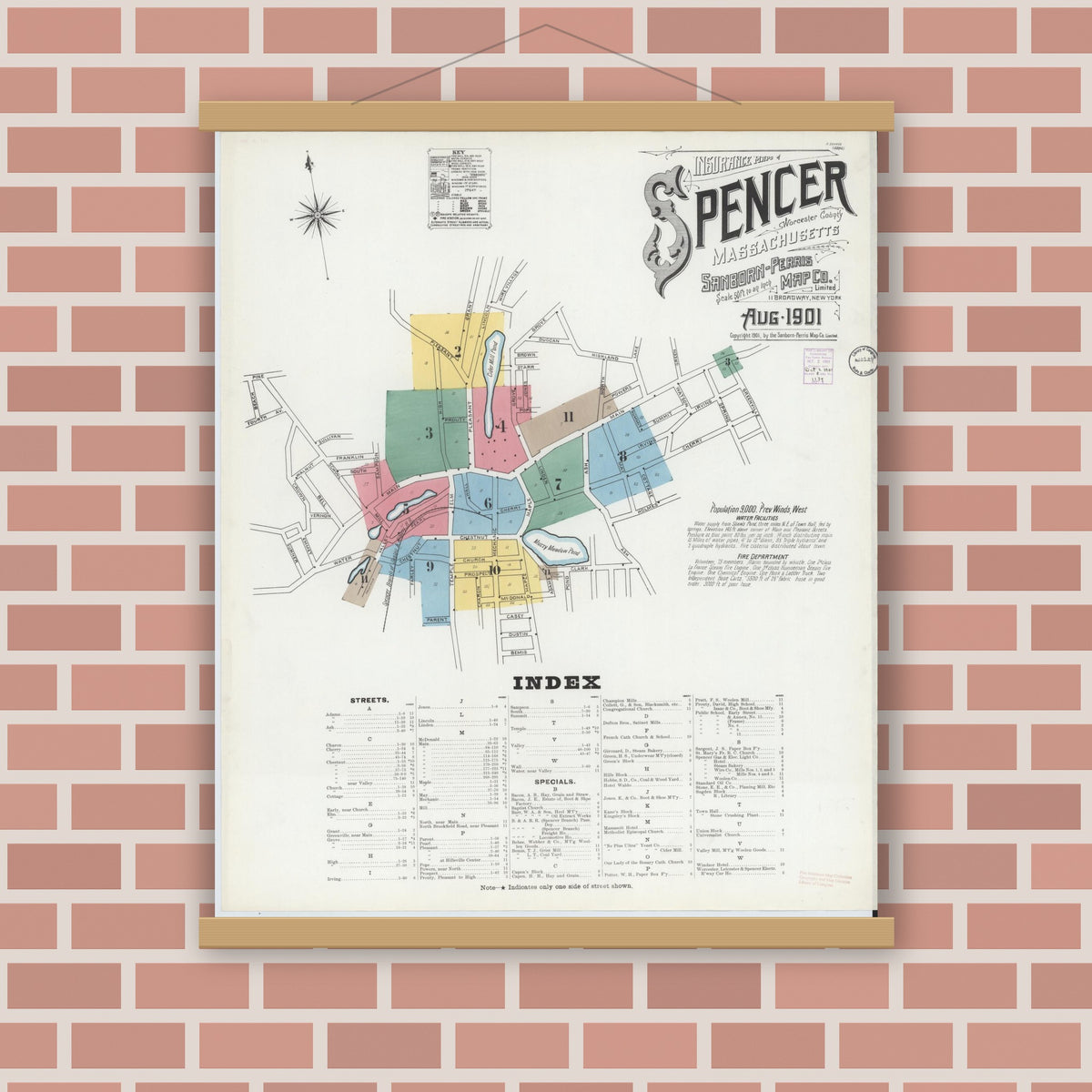 Old map wall art mockup — magnetic wood frame on brick wall — Sanborn Fire Insurance Map from Spencer, Worcester County, Massachusetts (1901), Sheet #0001
