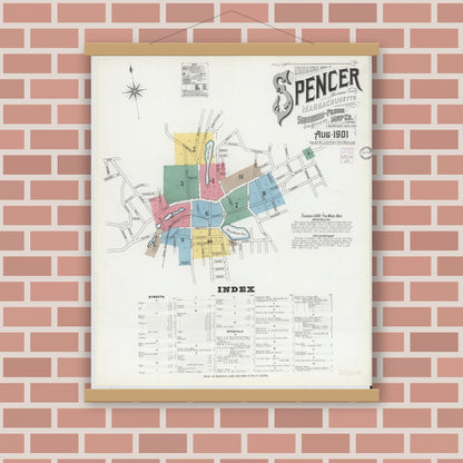 Old map wall art mockup — magnetic wood frame on brick wall — Sanborn Fire Insurance Map from Spencer, Worcester County, Massachusetts (1901), Sheet #0001