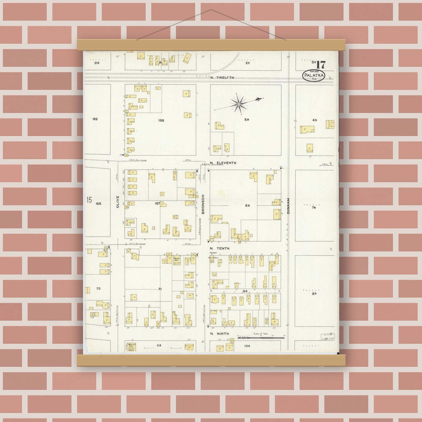 Old map wall art mockup — magnetic wood frame on brick wall — Sanborn Fire Insurance Map from Palatka, Putnam County, Florida (1909), Sheet #0017