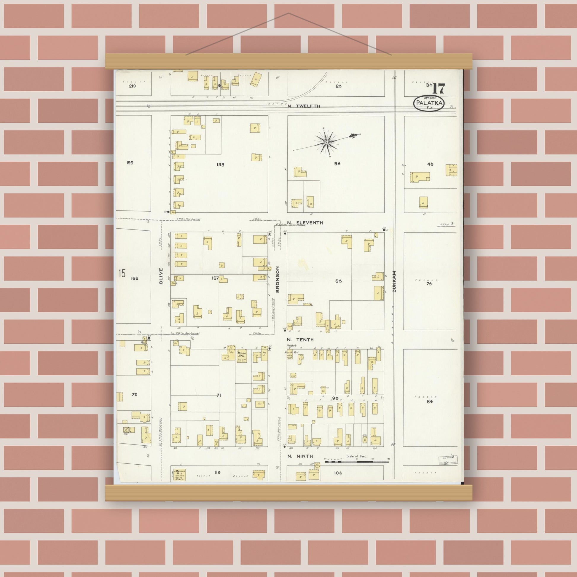Old map wall art mockup — magnetic wood frame on brick wall — Sanborn Fire Insurance Map from Palatka, Putnam County, Florida (1909), Sheet #0017