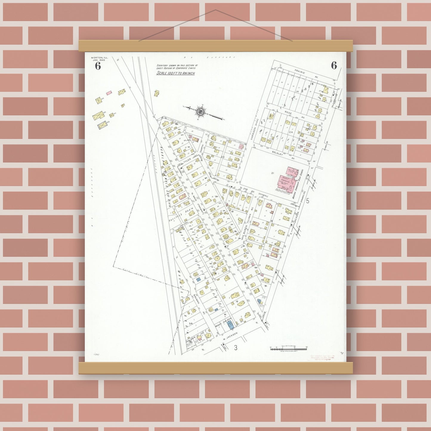 Old map wall art mockup — magnetic wood frame on brick wall — Sanborn Fire Insurance Map from Morton, Tazewell County, Illinois (1940), Sheet #0006