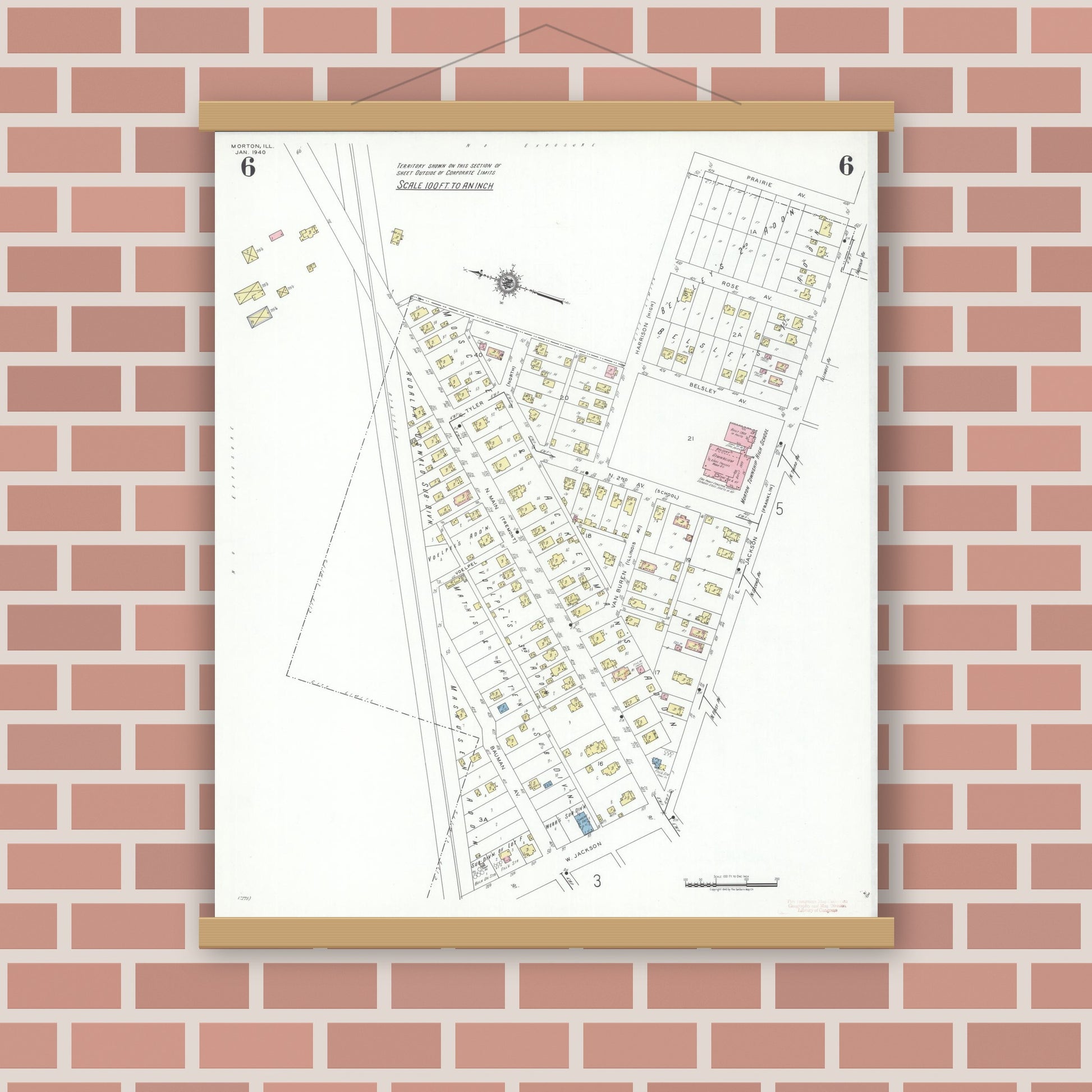 Old map wall art mockup — magnetic wood frame on brick wall — Sanborn Fire Insurance Map from Morton, Tazewell County, Illinois (1940), Sheet #0006