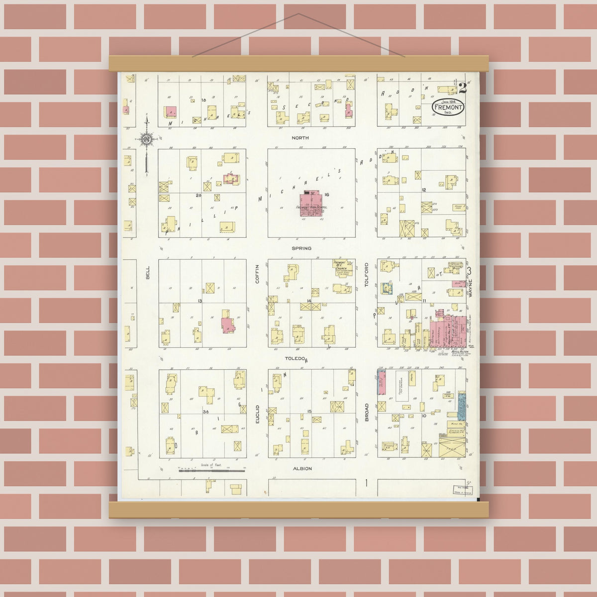 Old map wall art mockup — magnetic wood frame on brick wall — Sanborn Fire Insurance Map from Fremont, Steuben County, Indiana (1914), Sheet #0002