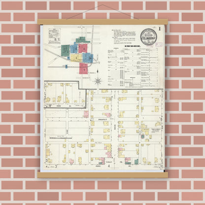 Old map wall art mockup — magnetic wood frame on brick wall — Sanborn Fire Insurance Map from Columbiana, Columbiana County, Ohio (1909), Sheet #0001