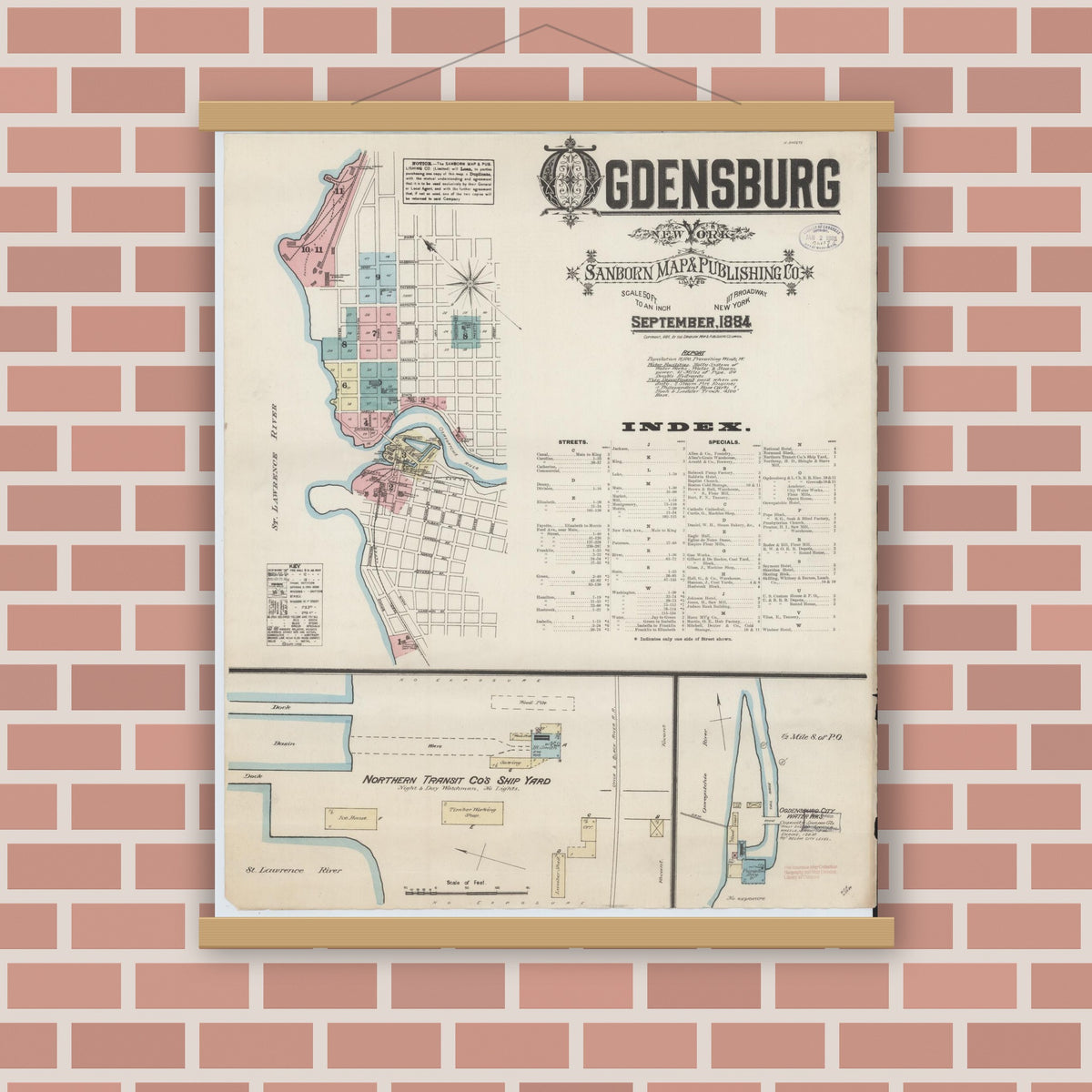 Old map wall art mockup — magnetic wood frame on brick wall — Sanborn Fire Insurance Map from Ogdensburg, St. Lawrence County, New York (1884), Sheet #0001