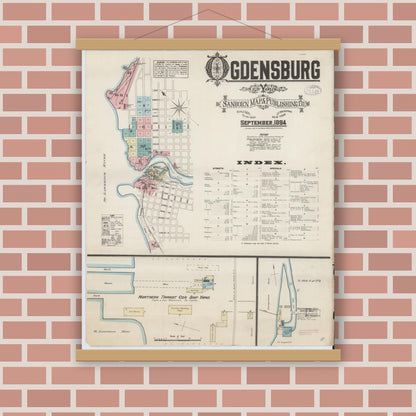 Old map wall art mockup — magnetic wood frame on brick wall — Sanborn Fire Insurance Map from Ogdensburg, St. Lawrence County, New York (1884), Sheet #0001