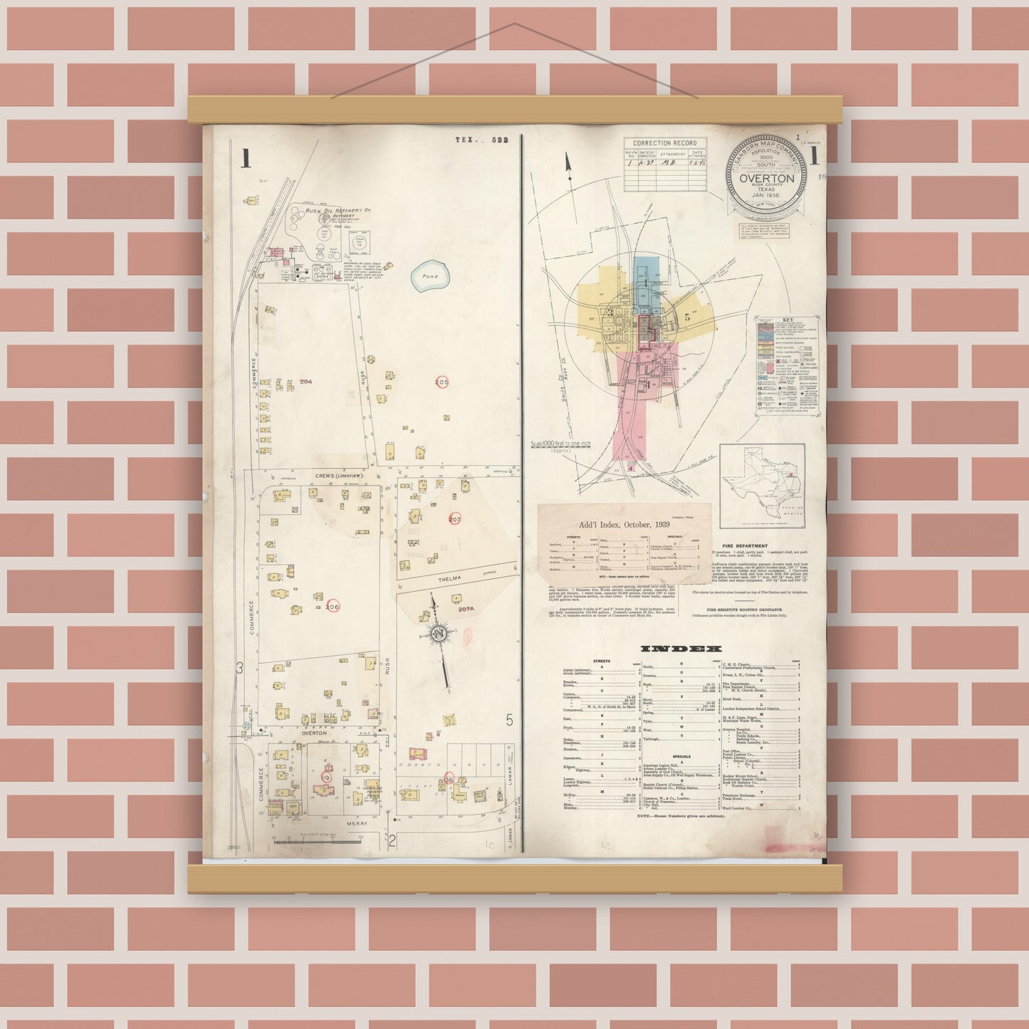 Old map wall art mockup — magnetic wood frame on brick wall — Sanborn Fire Insurance Map from Overton, Rusk County, Texas (1939), Sheet #0001