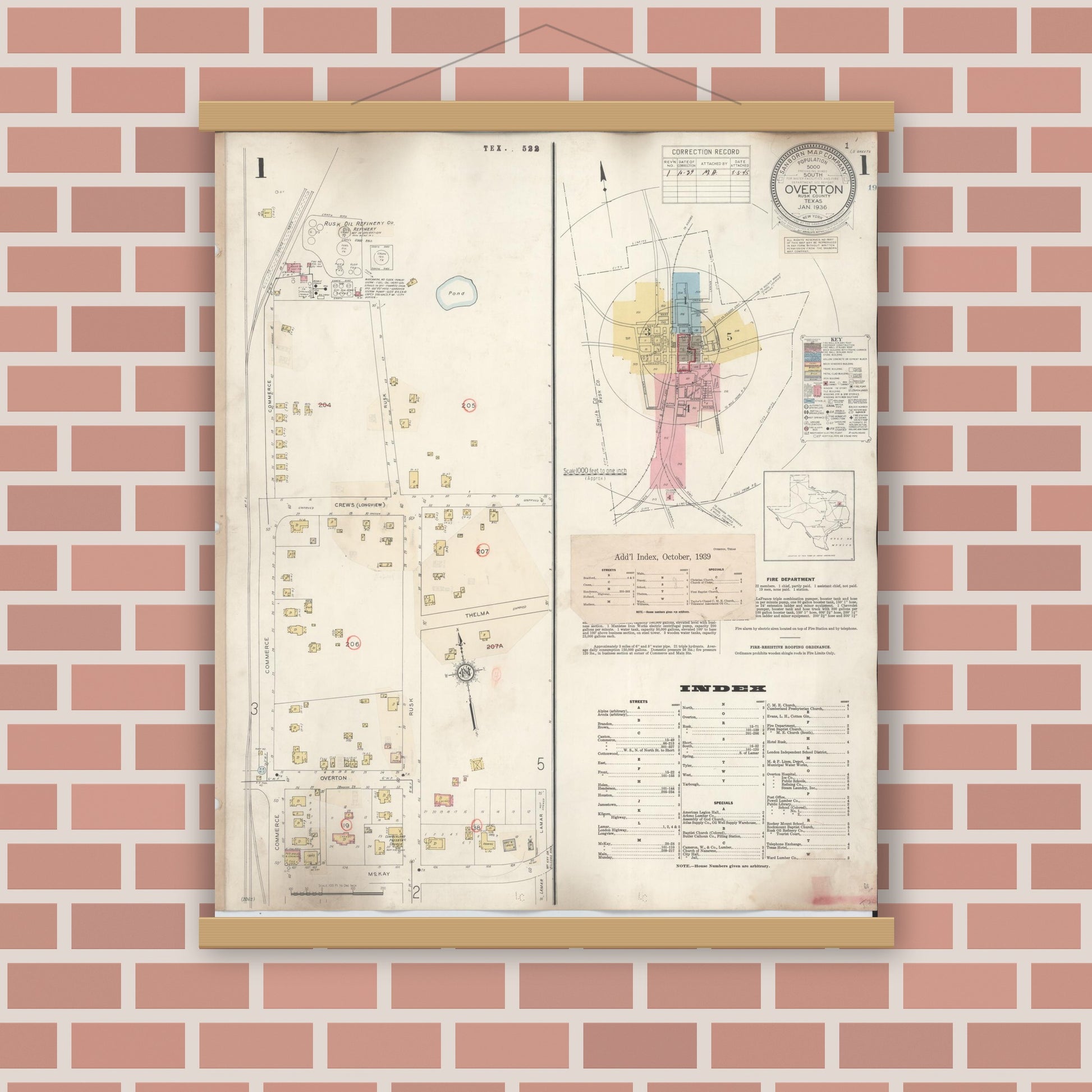 Old map wall art mockup — magnetic wood frame on brick wall — Sanborn Fire Insurance Map from Overton, Rusk County, Texas (1939), Sheet #0001