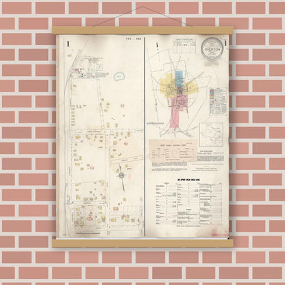 Old map wall art mockup — magnetic wood frame on brick wall — Sanborn Fire Insurance Map from Overton, Rusk County, Texas (1939), Sheet #0001