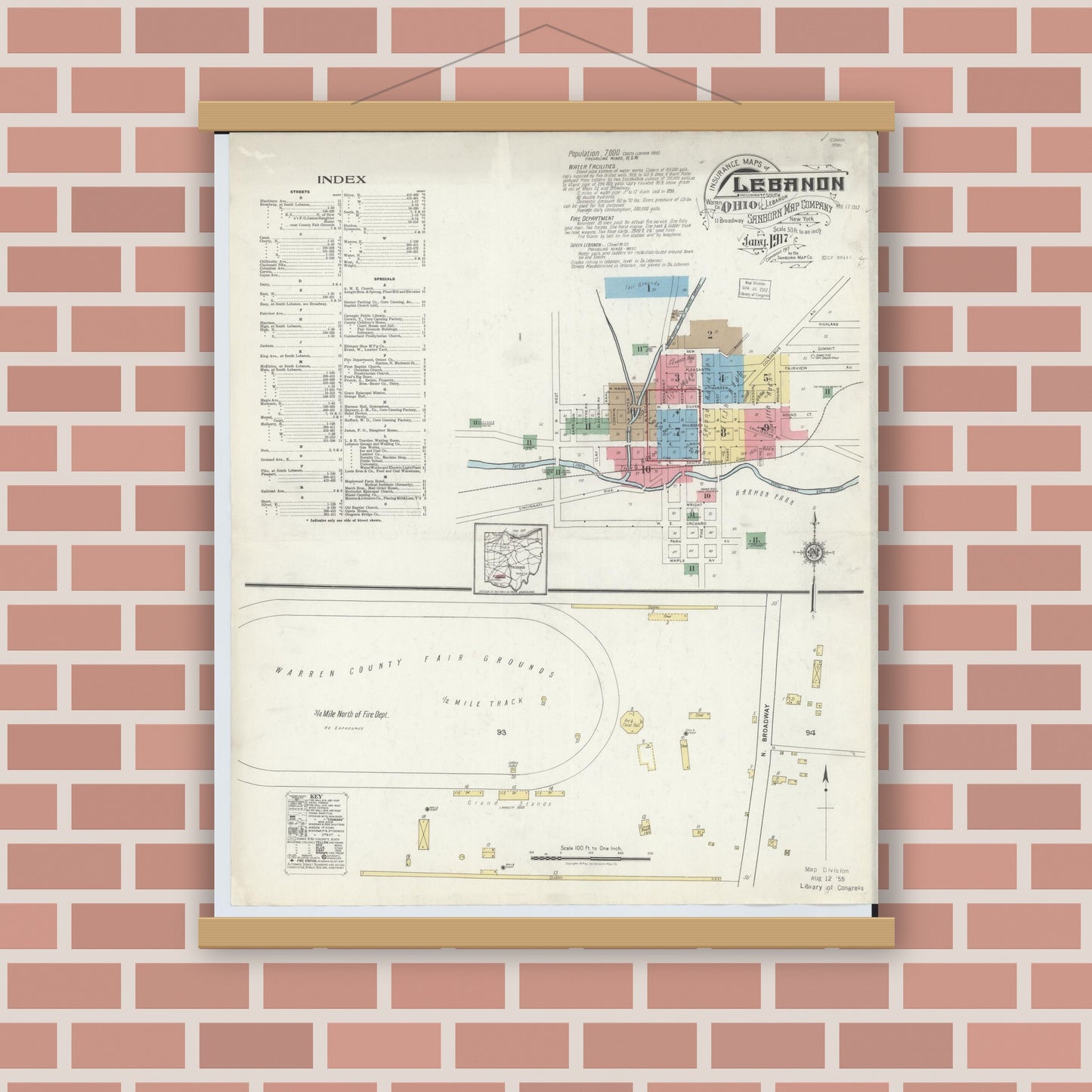 Old map wall art mockup — magnetic wood frame on brick wall — Sanborn Fire Insurance Map from Lebanon, Warren County, Ohio (1917), Sheet #0001