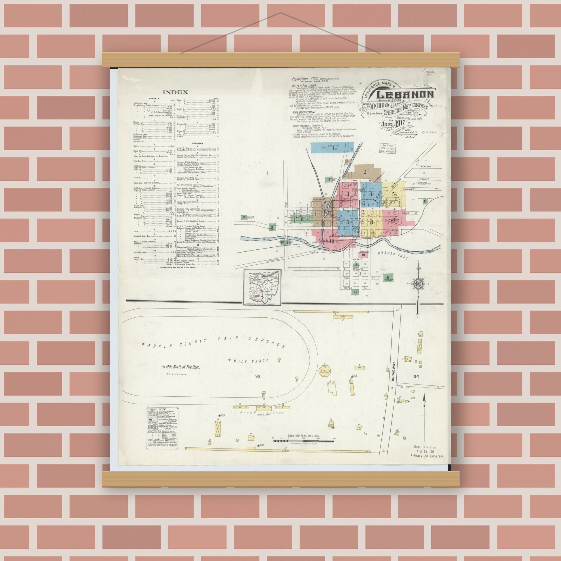 Old map wall art mockup — magnetic wood frame on brick wall — Sanborn Fire Insurance Map from Lebanon, Warren County, Ohio (1917), Sheet #0001