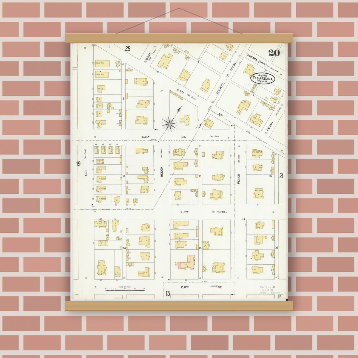 Old map wall art mockup — magnetic wood frame on brick wall — Sanborn Fire Insurance Map from Texarkana, Bowie County, Texas (1905), Sheet #0020