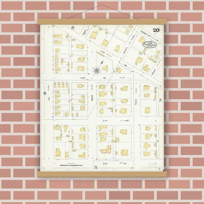 Old map wall art mockup — magnetic wood frame on brick wall — Sanborn Fire Insurance Map from Texarkana, Bowie County, Texas (1905), Sheet #0020
