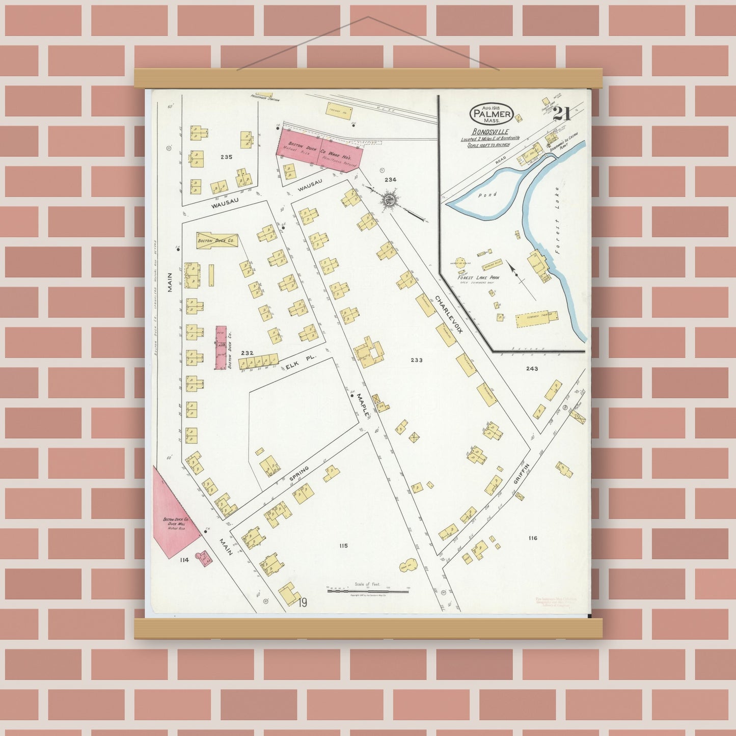 Old map wall art mockup — magnetic wood frame on brick wall — Sanborn Fire Insurance Map from Palmer, Hampden County, Massachusetts (1918), Sheet #0021
