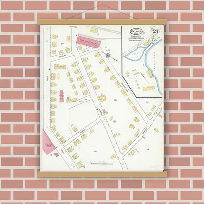 Old map wall art mockup — magnetic wood frame on brick wall — Sanborn Fire Insurance Map from Palmer, Hampden County, Massachusetts (1918), Sheet #0021