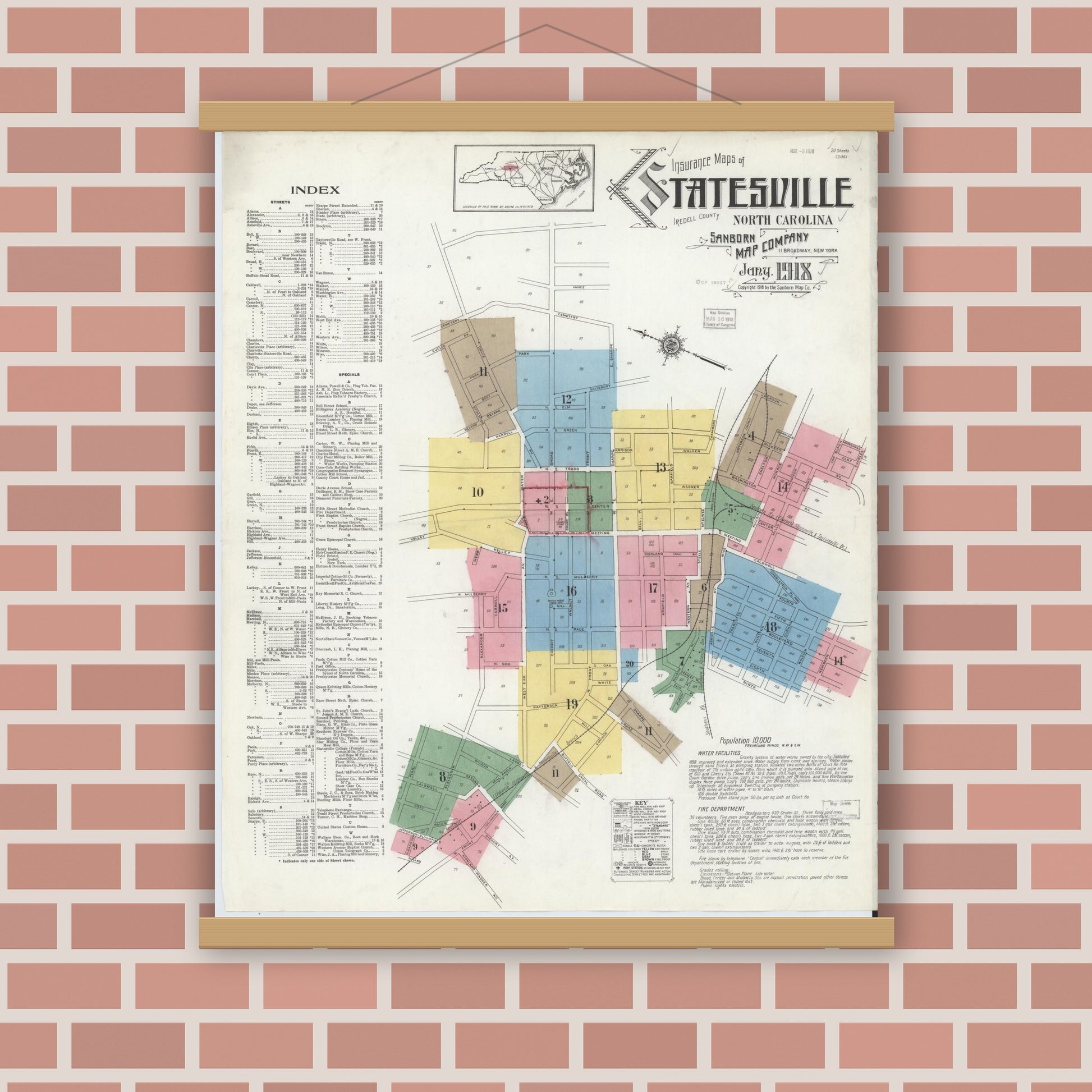 Old map wall art mockup — magnetic wood frame on brick wall — Sanborn Fire Insurance Map from Statesville, Iredell County, North Carolina (1918), Sheet #0001