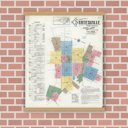 Old map wall art mockup — magnetic wood frame on brick wall — Sanborn Fire Insurance Map from Statesville, Iredell County, North Carolina (1918), Sheet #0001
