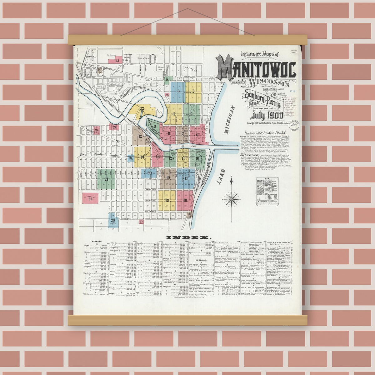 Old map wall art mockup — magnetic wood frame on brick wall — Sanborn Fire Insurance Map from Manitowoc, Manitowoc County, Wisconsin (1900) - Complete Map Set