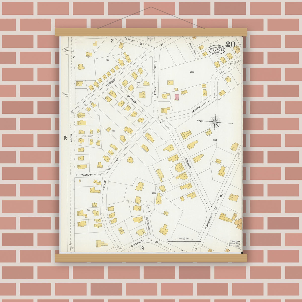 Old map wall art mockup — magnetic wood frame on brick wall — Sanborn Fire Insurance Map from Melrose, Middlesex County, Massachusetts (1903), Sheet #0020