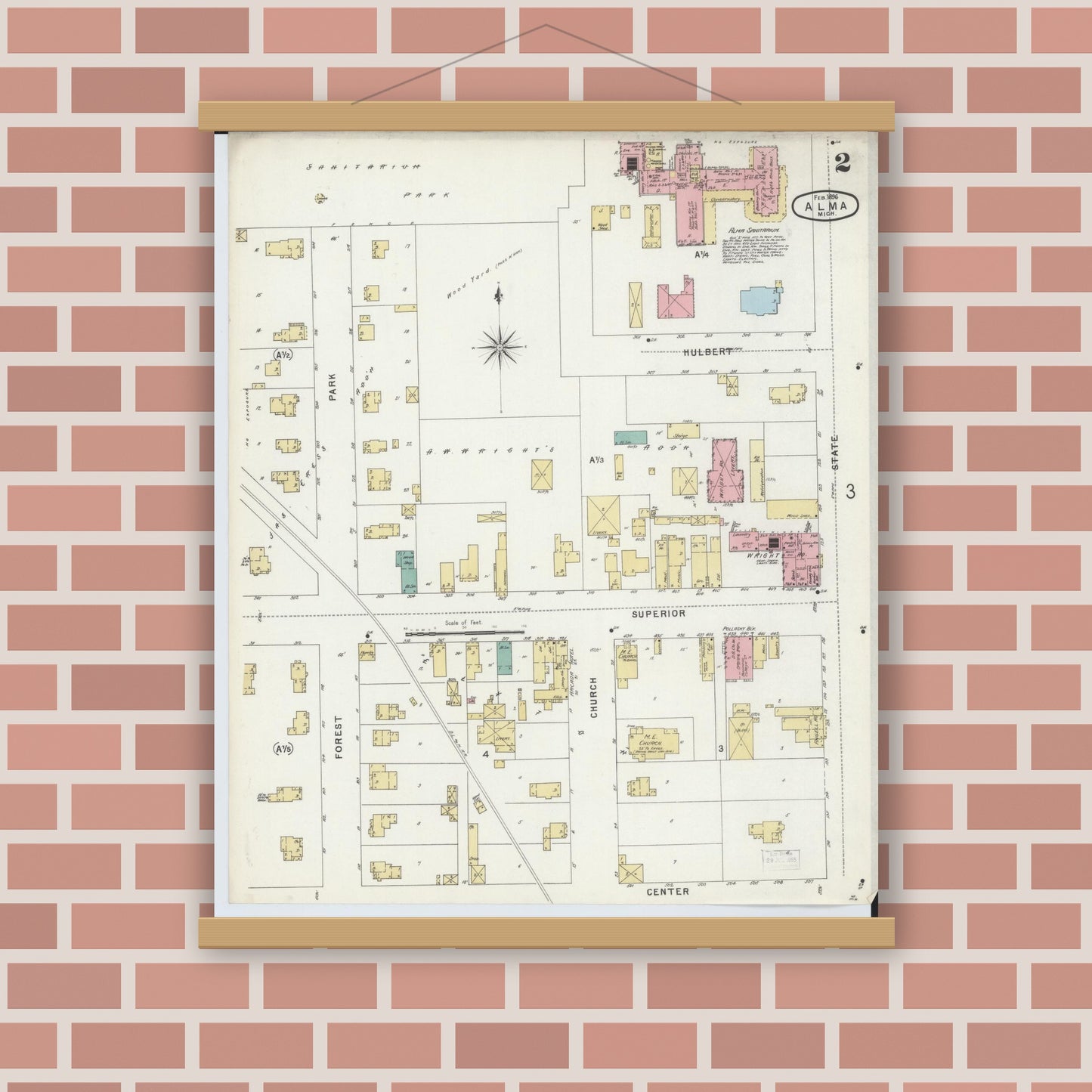 Old map wall art mockup — magnetic wood frame on brick wall — Sanborn Fire Insurance Map from Alma, Gratiot County, Michigan (1896), Sheet #0002