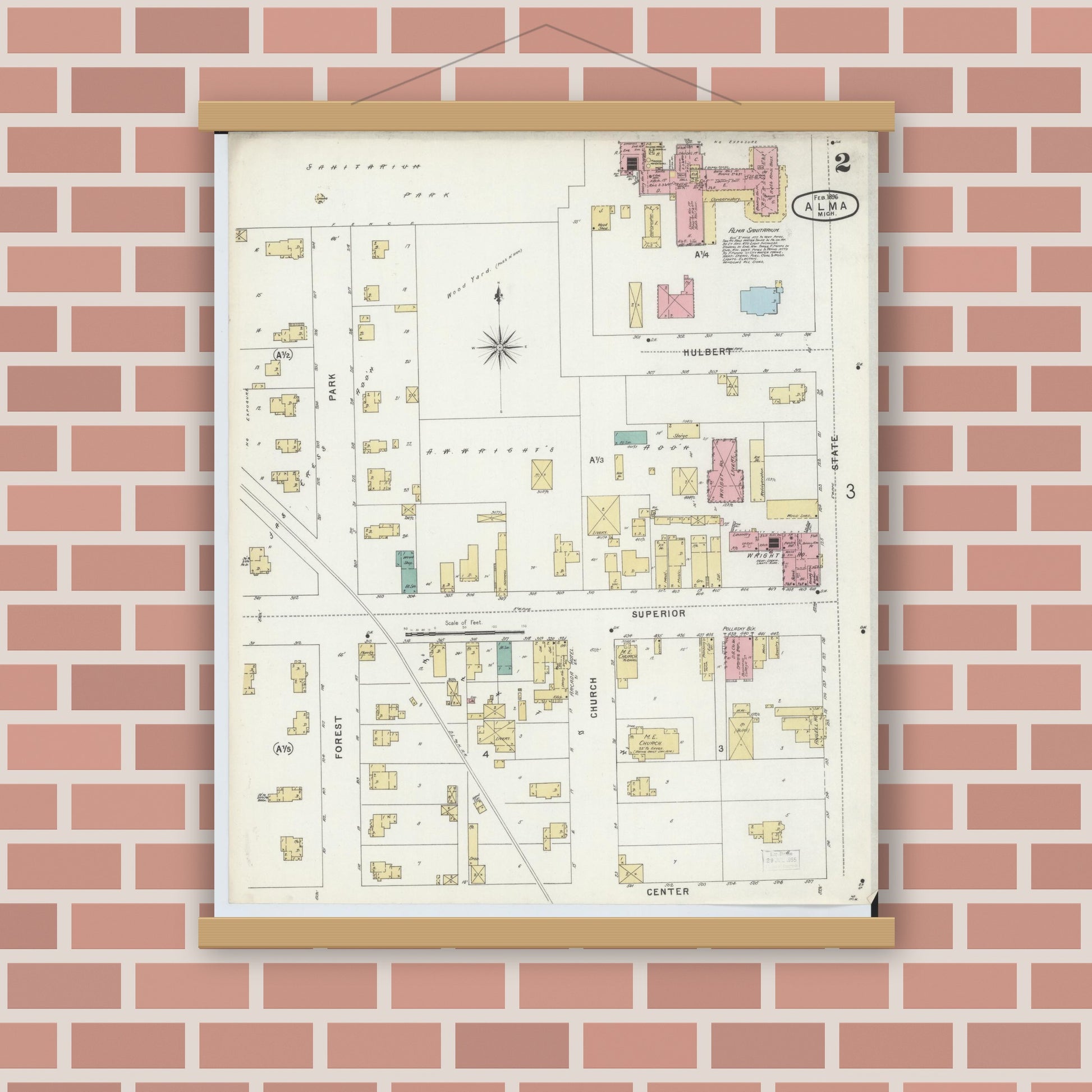 Old map wall art mockup — magnetic wood frame on brick wall — Sanborn Fire Insurance Map from Alma, Gratiot County, Michigan (1896), Sheet #0002