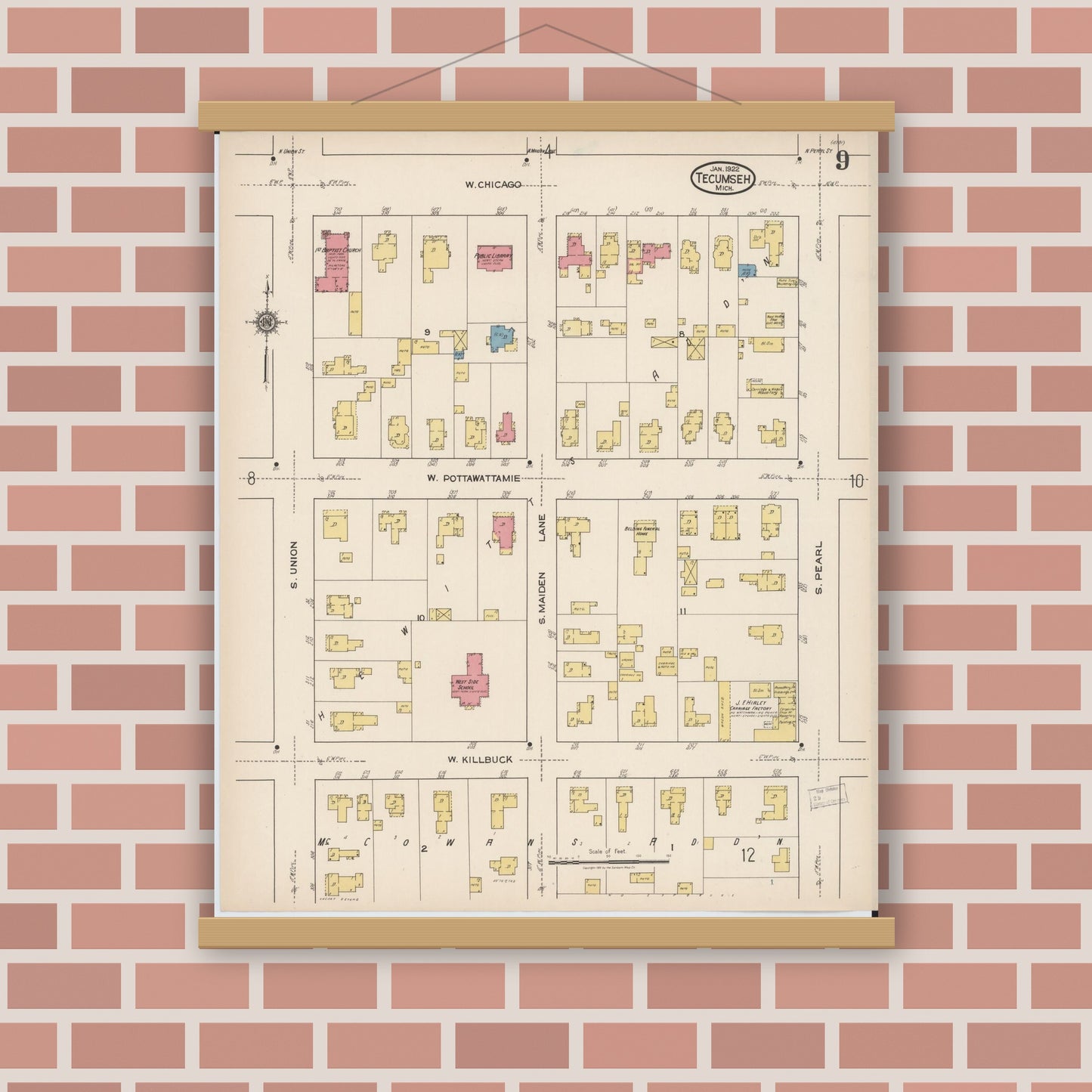 Old map wall art mockup — magnetic wood frame on brick wall — Sanborn Fire Insurance Map from Tecumseh, Lenawee County, Michigan (1922), Sheet #0009