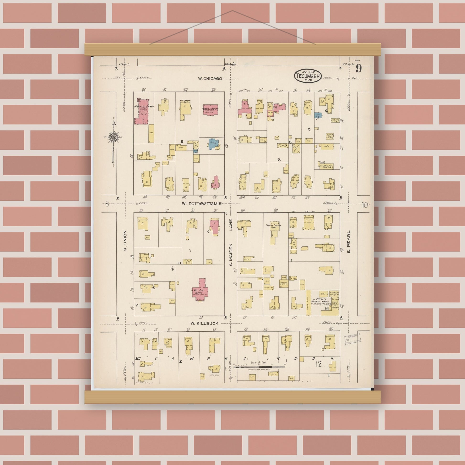 Old map wall art mockup — magnetic wood frame on brick wall — Sanborn Fire Insurance Map from Tecumseh, Lenawee County, Michigan (1922), Sheet #0009