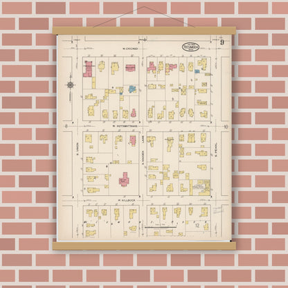 Old map wall art mockup — magnetic wood frame on brick wall — Sanborn Fire Insurance Map from Tecumseh, Lenawee County, Michigan (1922), Sheet #0009