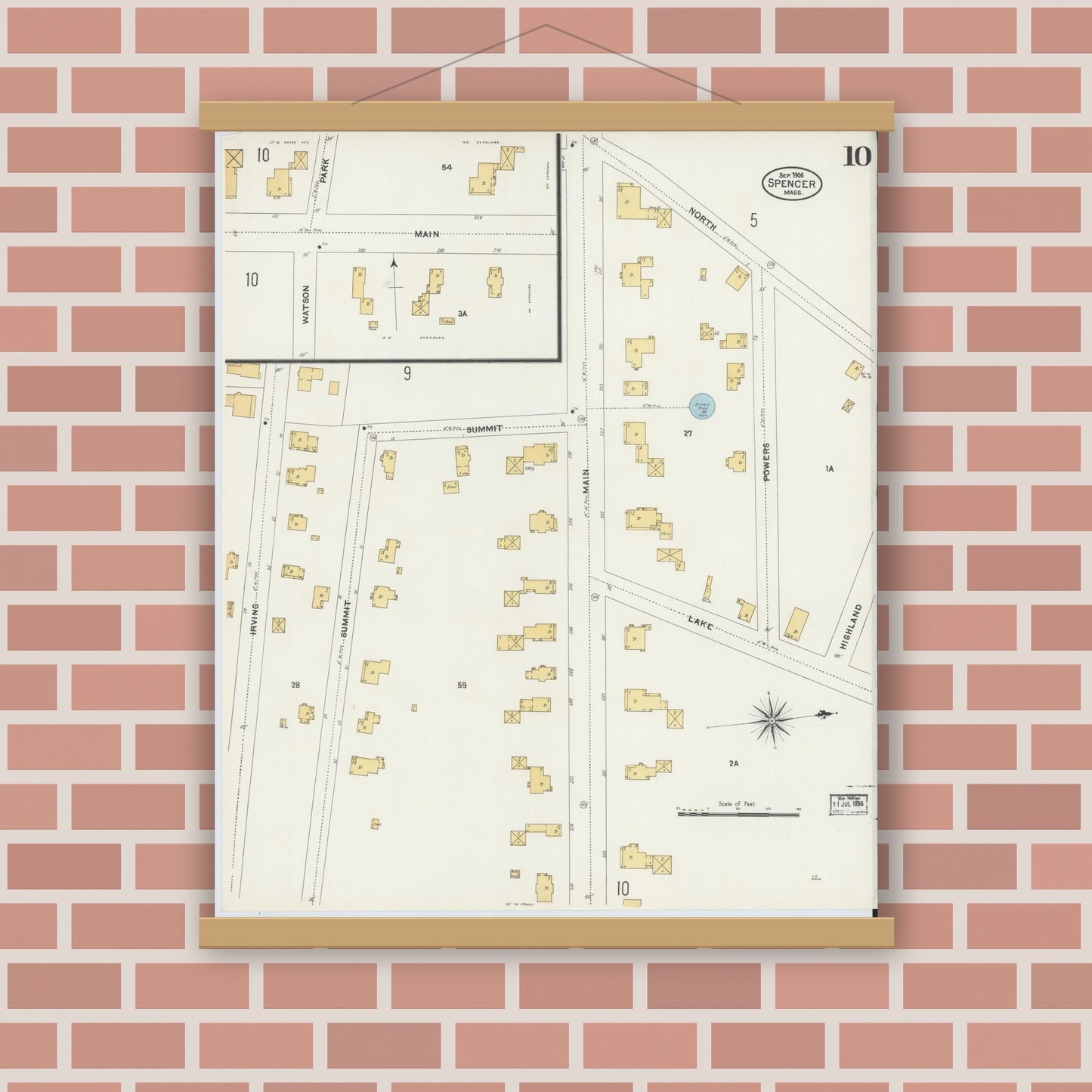 Old map wall art mockup — magnetic wood frame on brick wall — Sanborn Fire Insurance Map from Spencer, Worcester County, Massachusetts (1906), Sheet #0010