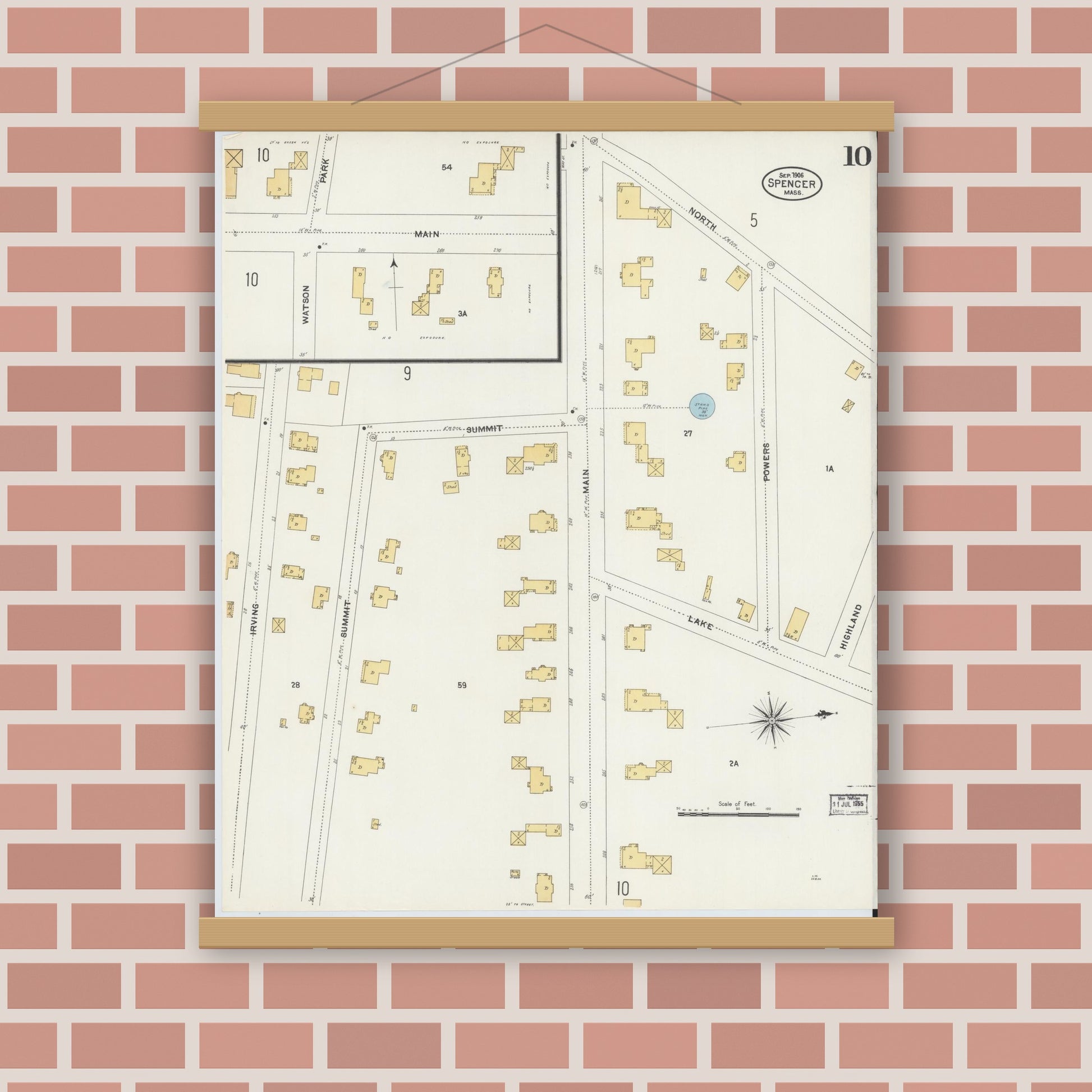 Old map wall art mockup — magnetic wood frame on brick wall — Sanborn Fire Insurance Map from Spencer, Worcester County, Massachusetts (1906), Sheet #0010